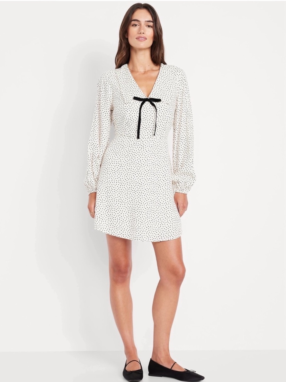 Old Navy Cream Polka Dot Long-Sleeve Mini Dress with Black Bow